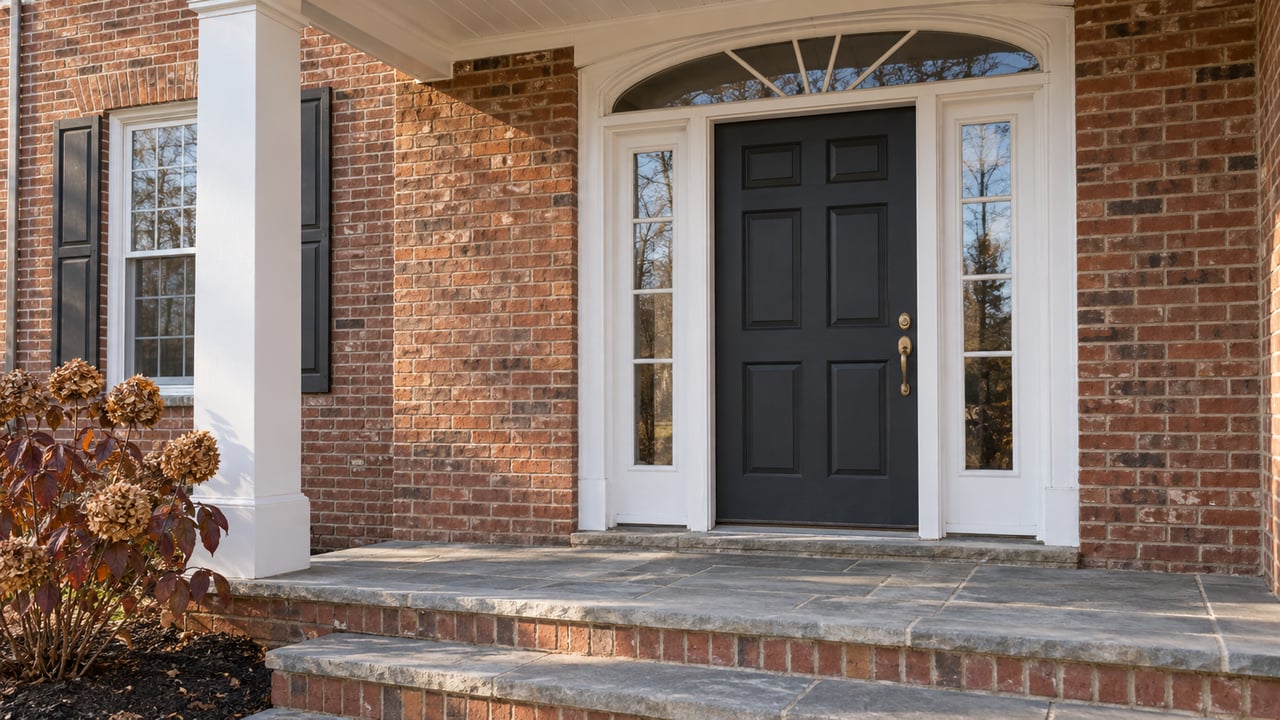 Winter sunlight grazes a red brick entry with white trim, a charcoal door, paired sidelights and worn bluestone steps.