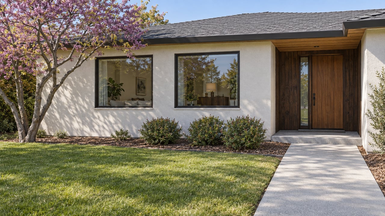 Updated single-story home with warm plaster walls, dark cedar entry, broad windows and a concrete approach across a planted front garden.