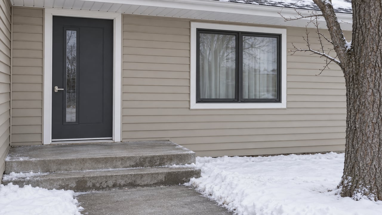 Tan single-story home's sheltered entry, dark door and rectangular window above cleared concrete steps and a snow-edged walk.