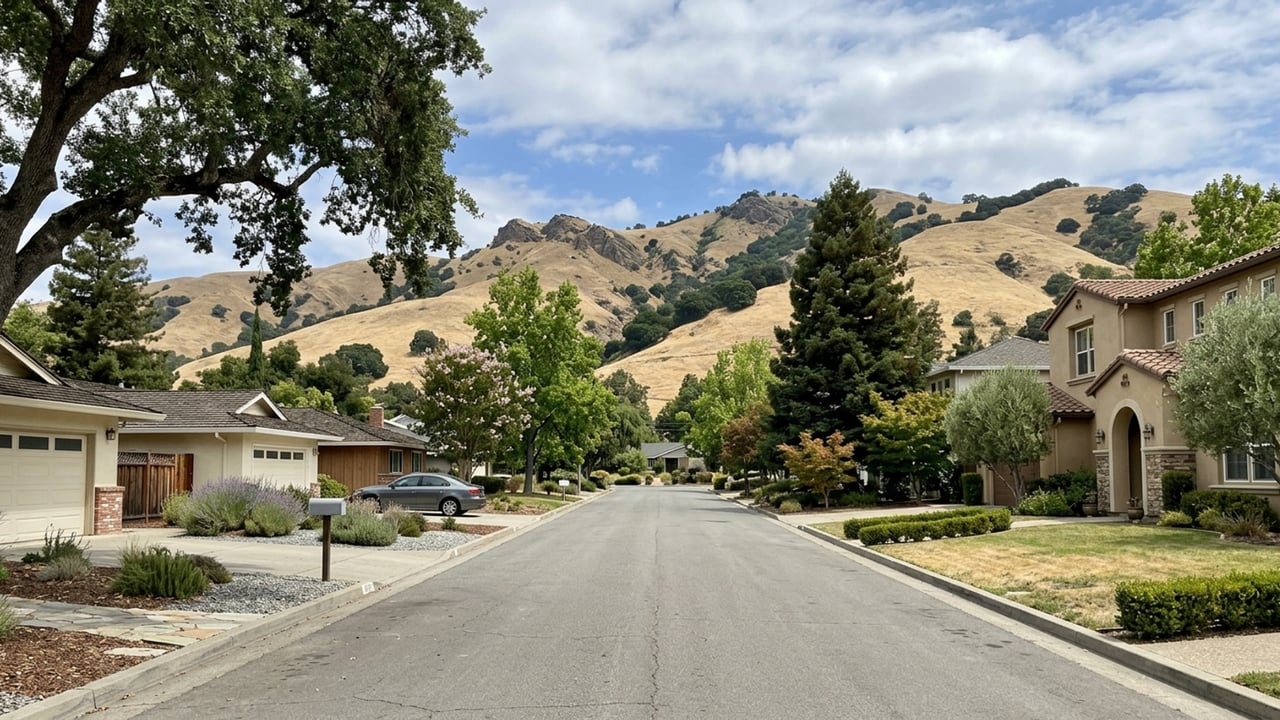 Residential street with detached homes, landscaped yards, and golden hills in the background.