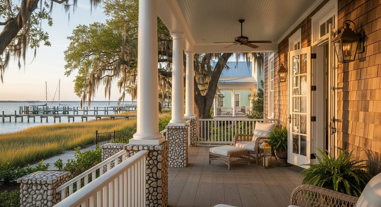 Screened porch with white columns overlooking marsh grass, a dock, and calm water.