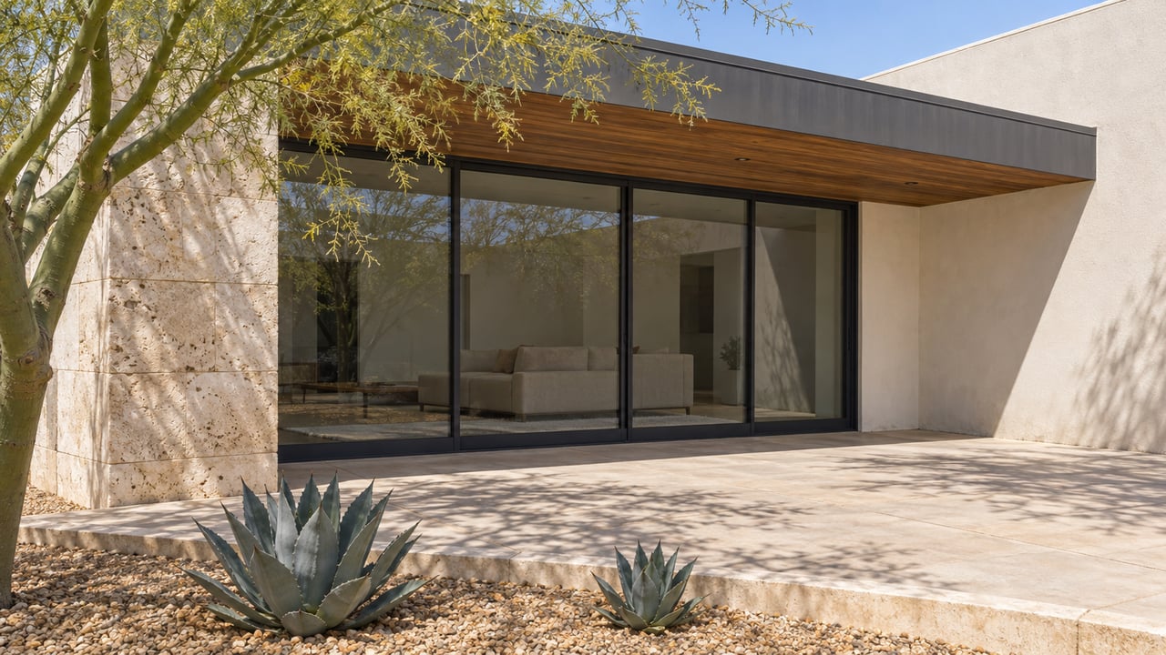 Low contemporary home with sandy stone, shaded glass doors and a concrete courtyard edged by sculptural agaves and a green-trunked tree.