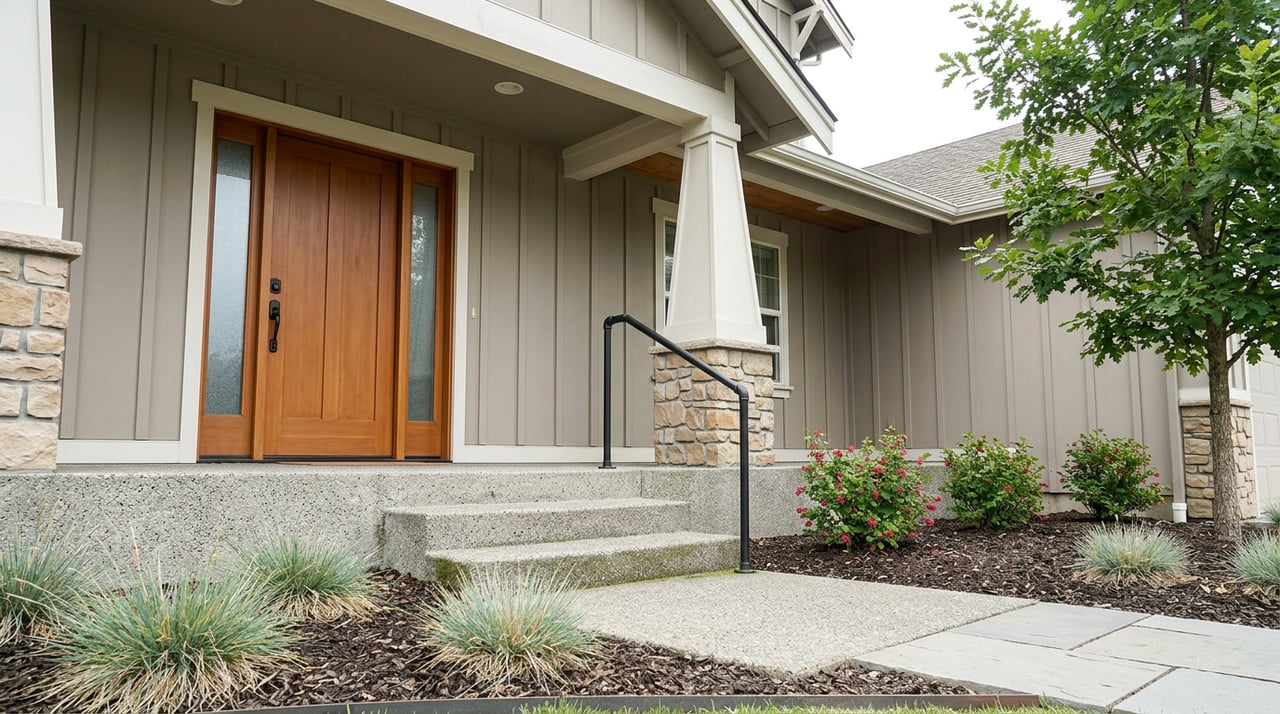 Craftsman entry with a cedar-toned door, frosted-glass sidelights, stone-based porch column, and foreground oak branches.