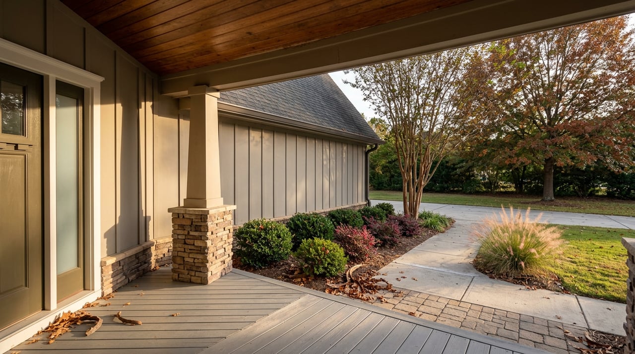 Covered porch with a stone-based column, concrete walkway, and autumn trees in warm evening sun.