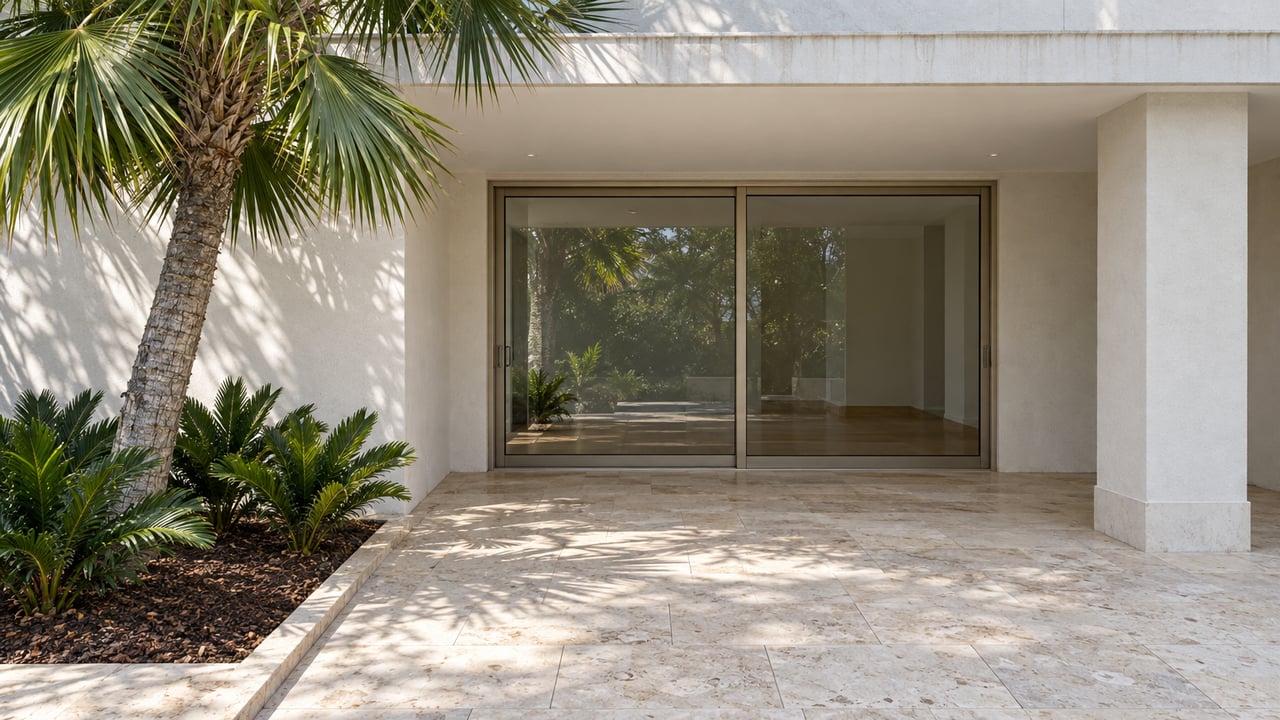 White stucco home with a covered limestone porch, closed sliding glass doors and a sculptural fan palm beside a planted bed.