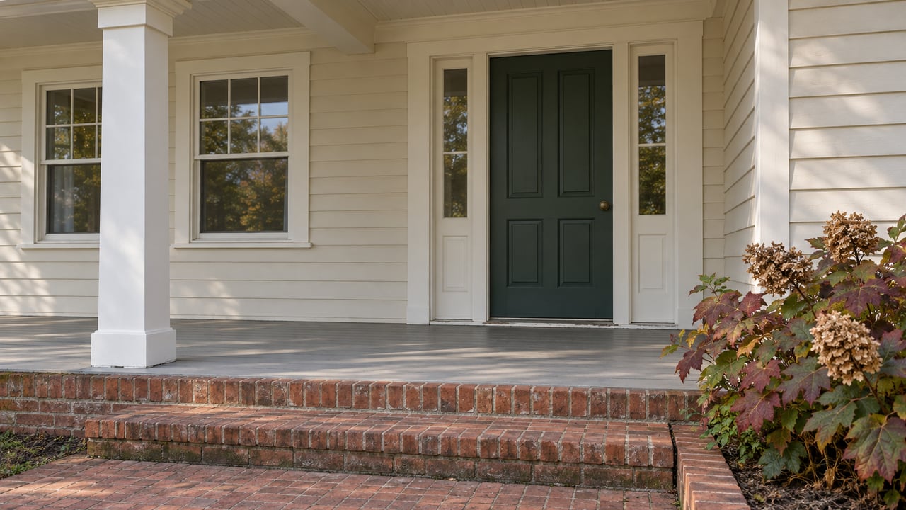 Cream clapboard home with a green front door, paired windows, brick steps and oakleaf hydrangea in autumn foliage.
