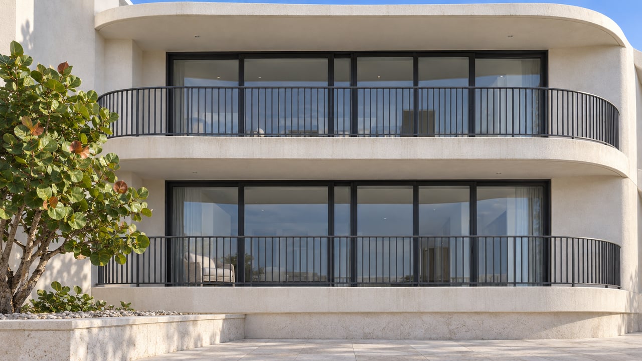 Two curved white condominium balconies with dark railings, recessed glass doors, limestone paving and a sea grape tree.