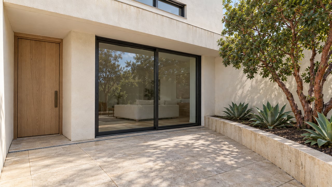 Ivory stucco home with a pale wood entry door, black-framed glass doors, limestone terrace, and a raised bed containing a strawberry tree and agaves.
