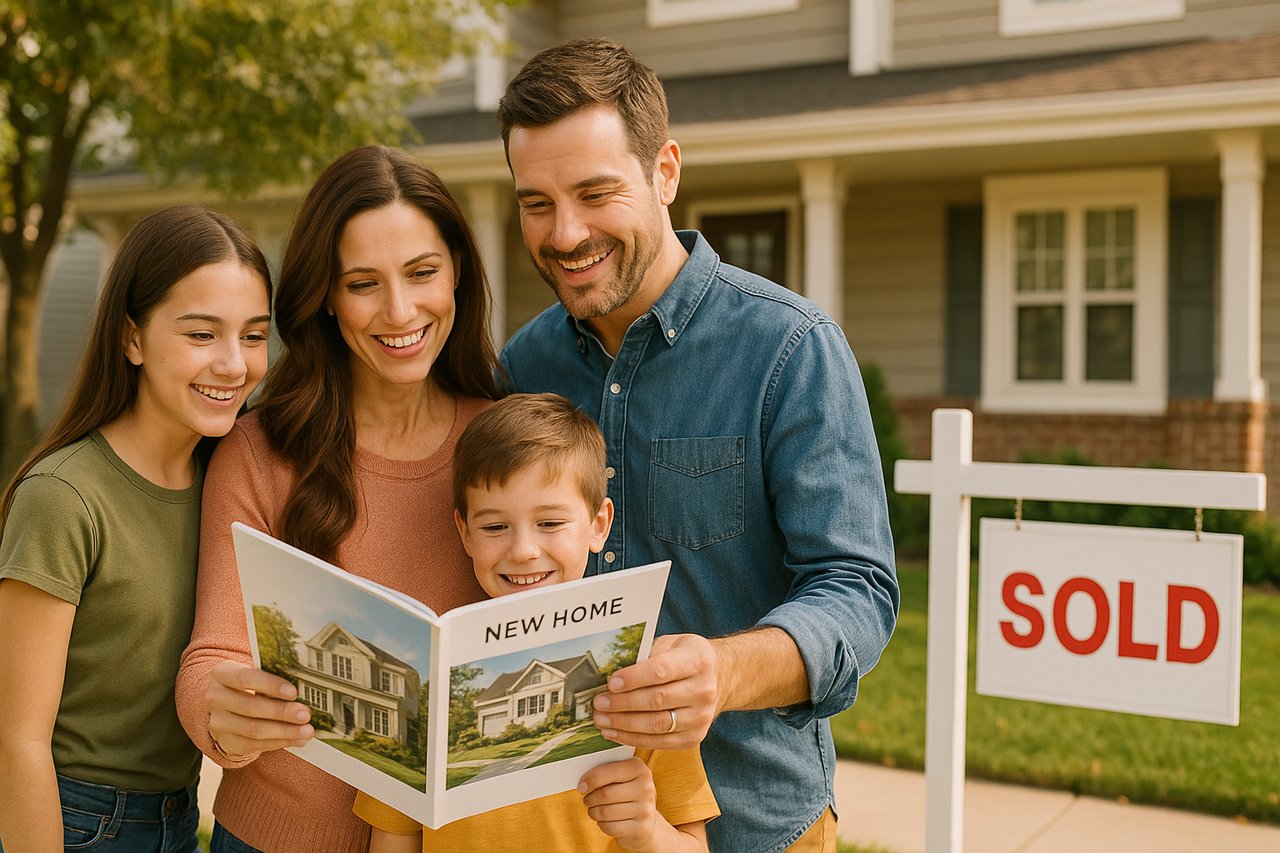 Family reviewing move-up plans in a Northern New Jersey neighborhood.