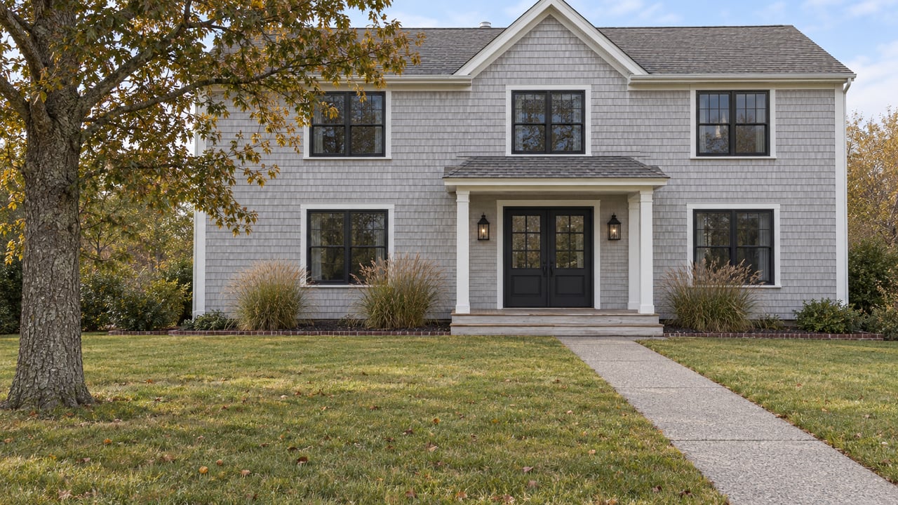 Light-gray shingle home with dark divided-light doors, a covered porch, and a deep autumn lawn beneath a mature willow oak.
