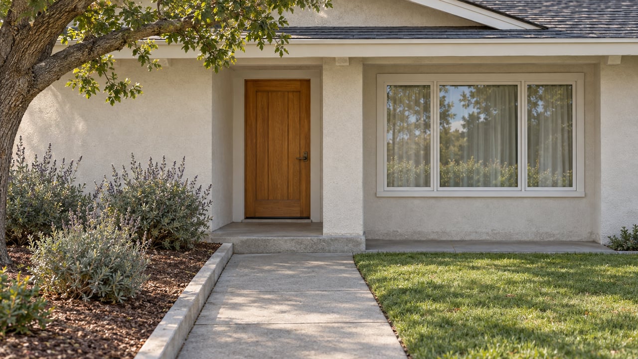 An off-white stucco home's covered oak entry and broad window overlook a concrete approach, green lawn and gray-green flowering shrubs beneath an oak branch.