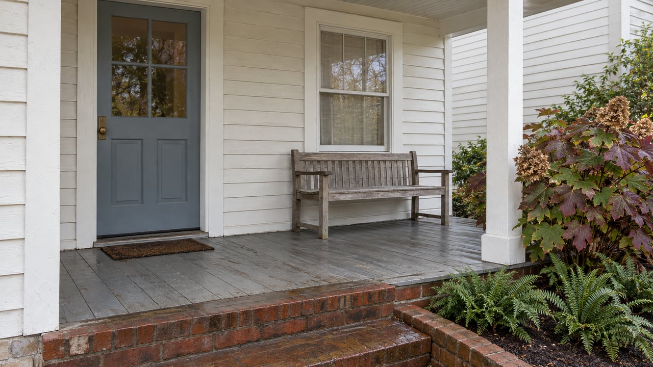 Painted timber porch with a blue-gray glazed door, white sash window, oak bench, and brick steps beside autumn oakleaf hydrangea.