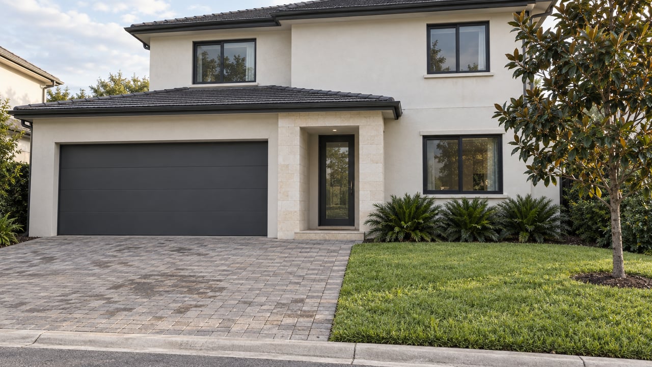 Two-story off-white stucco home with charcoal roof, two-car garage, paver driveway, and a young magnolia by the lawn.