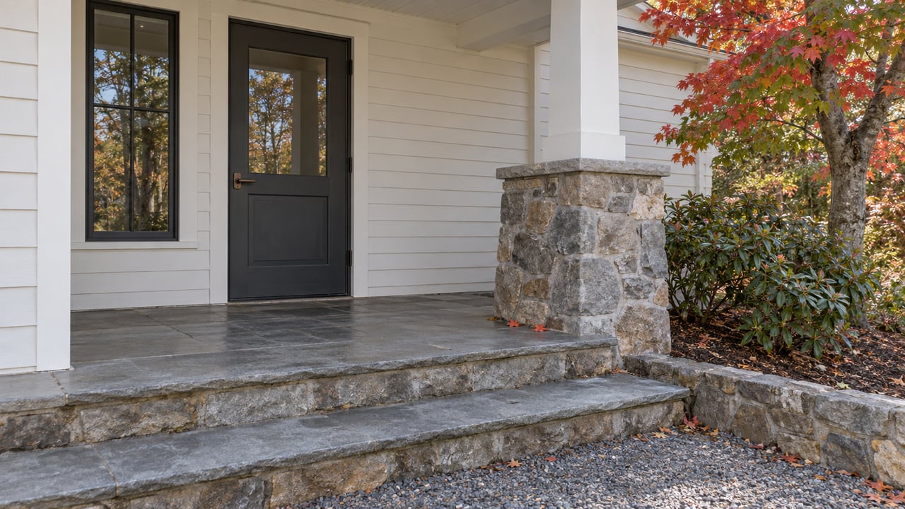 Covered home entry with white siding, a charcoal door, broad stone steps, and red maple foliage beside a stone-bordered planting bed.