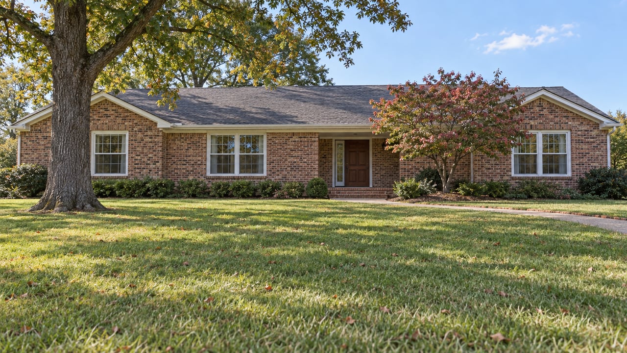 A low brick home behind a deep autumn lawn, with a mature white oak and a brick-edged entry walk.