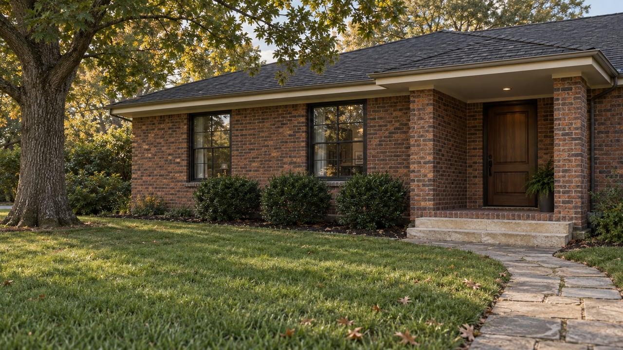 Red-brown brick house with a recessed walnut door, limestone steps, front lawn, and a broad oak tree.