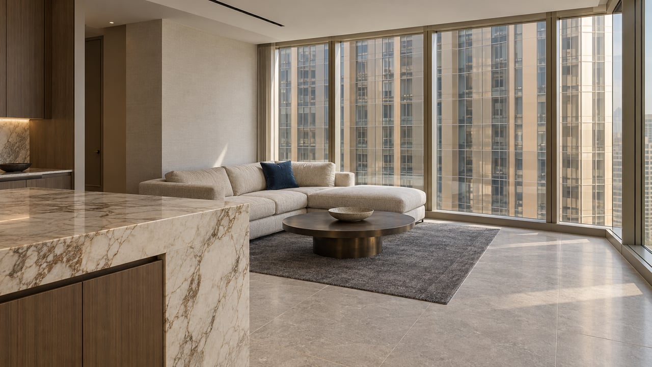 Sunlit contemporary condominium living room with an ivory sofa, bronze table and veined marble kitchen peninsula beside full-height windows.