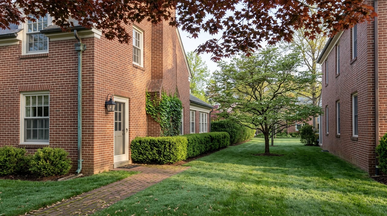 Two brick homes across a shared lawn, divided by a clipped boxwood hedge and shaded by mature trees.