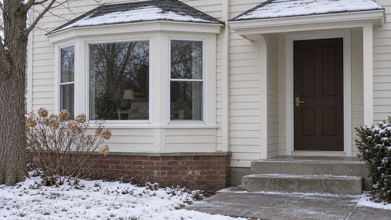 Winter light on a cream clapboard home with a glazed bay window, brick foundation and cleared front steps beside snow.