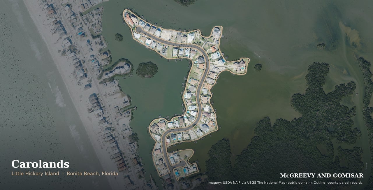 Carolands on McLaughlin Boulevard and Carol Court, Little Hickory Island, Bonita Beach, Florida, aerial outlined from county parcel records