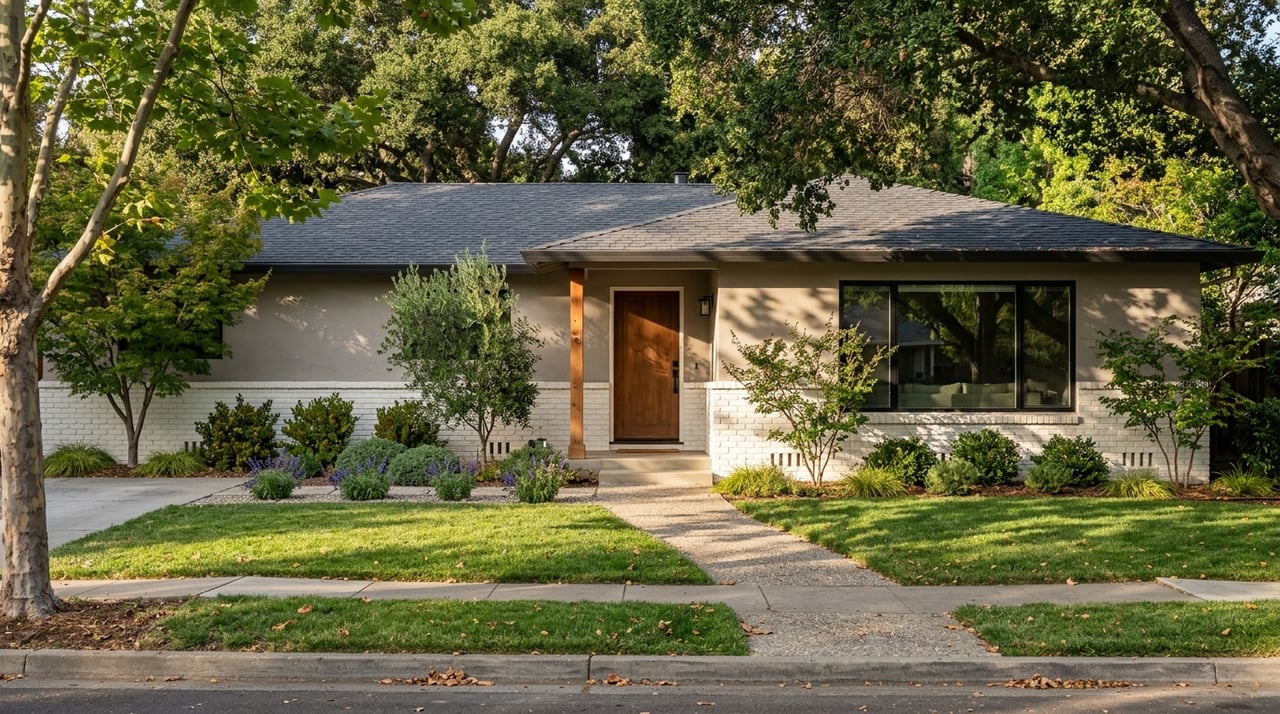 Painted-brick ranch house beneath a mature oak tree.