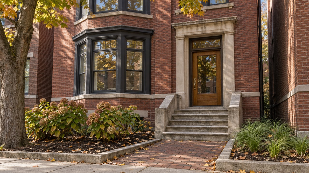 Autumn sunlight across a red-brick residence with bay windows, a raised stone entry and small planted front beds.