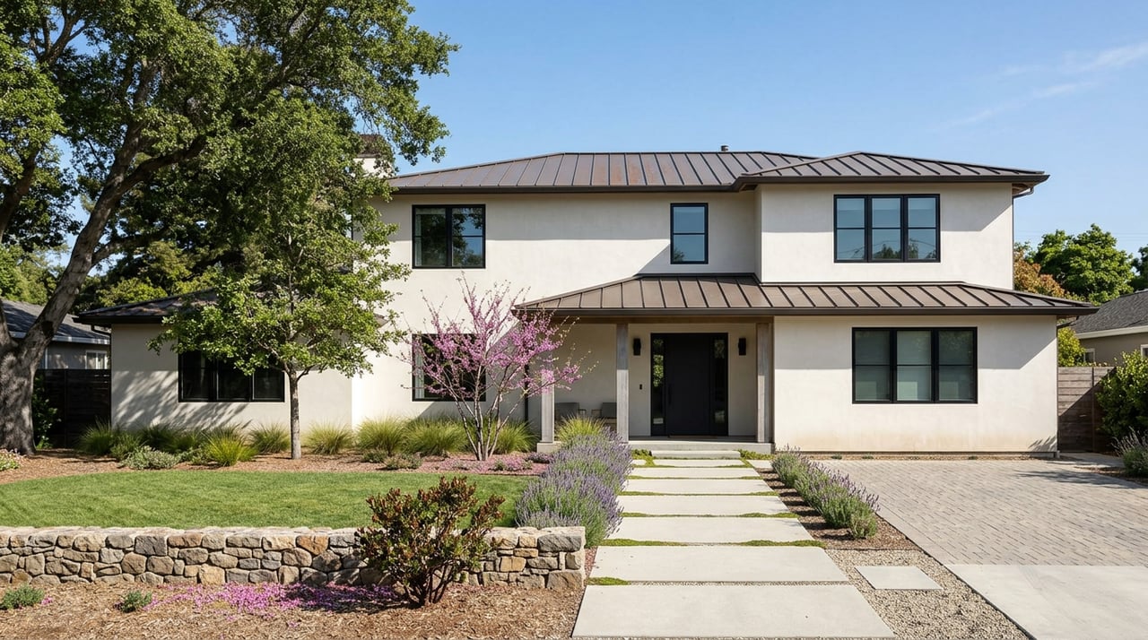 Two-story stucco home with a paver driveway, low stone wall, mature oak, and blooming redbud.