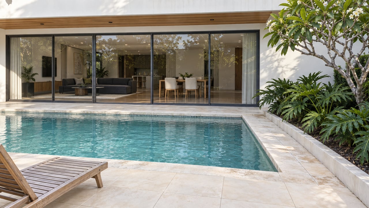 Modern white home with enclosed sliding glass doors, a pale tiled pool terrace, one teak lounge chair and a sculptural flowering tree.