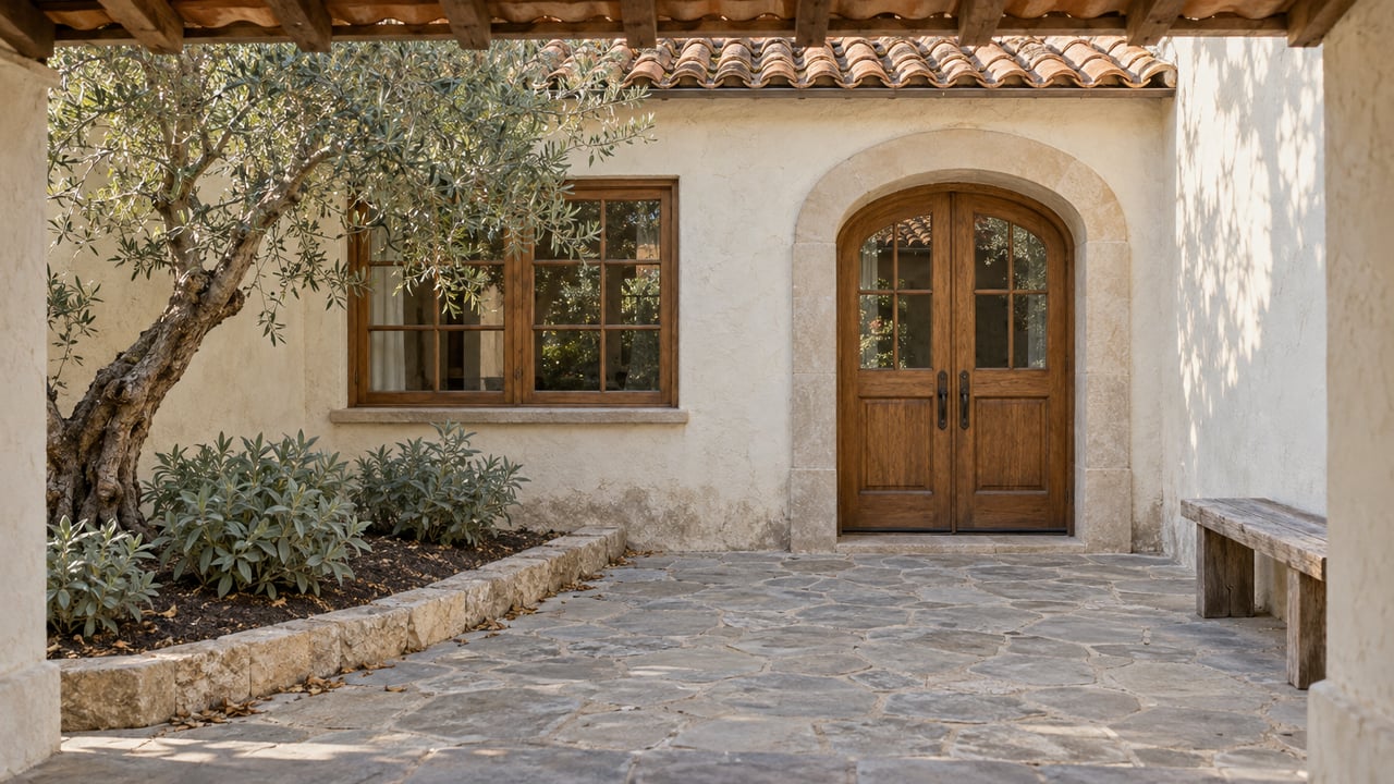 Sunlit cottage courtyard with pale stucco, an arched oak doorway, worn flagstone and a sculptural olive tree.
