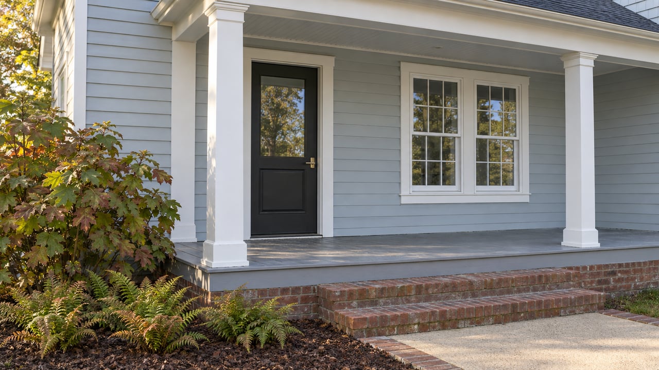 Pale blue-gray clapboard home with white porch columns, paired sash windows, a black glazed door and brick steps beside oakleaf hydrangea and autumn ferns.