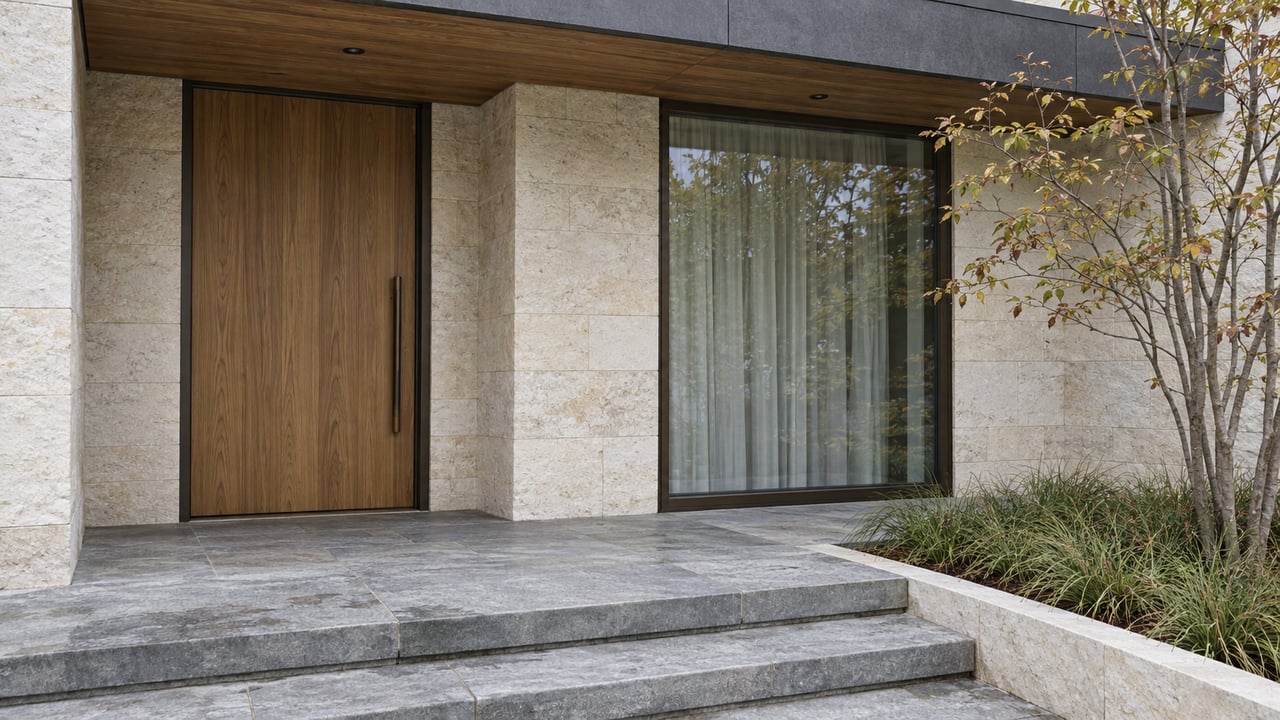 Recessed ash front door beside a dark-framed window, beneath a wood-lined canopy above limestone steps.