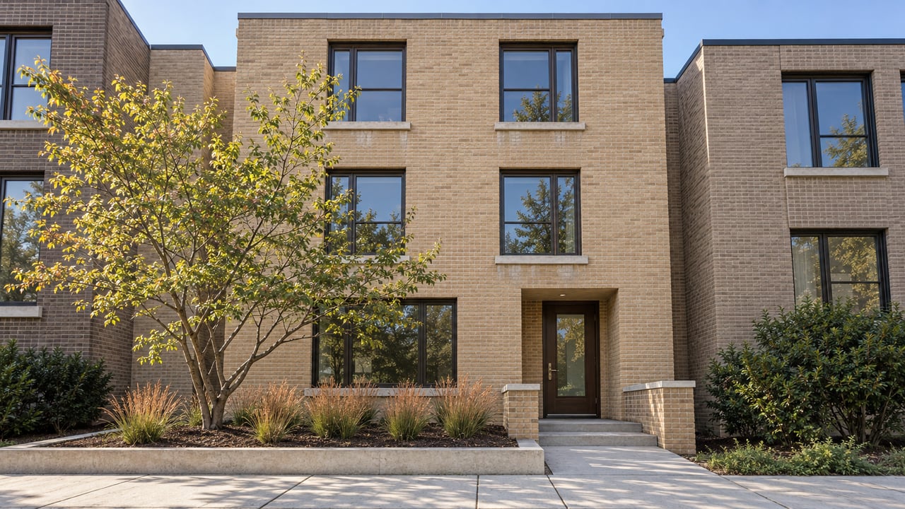 Buff-brick three-story townhome with bronze-framed windows, recessed oak entry, and a short concrete approach beside an autumn-planted bed.