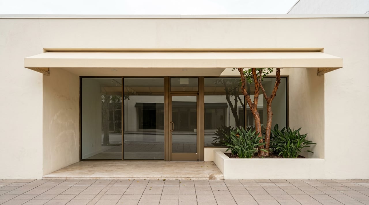 Recessed glass storefront framed by cream stucco, with a canvas canopy and a multi-trunk tree in a raised planter.