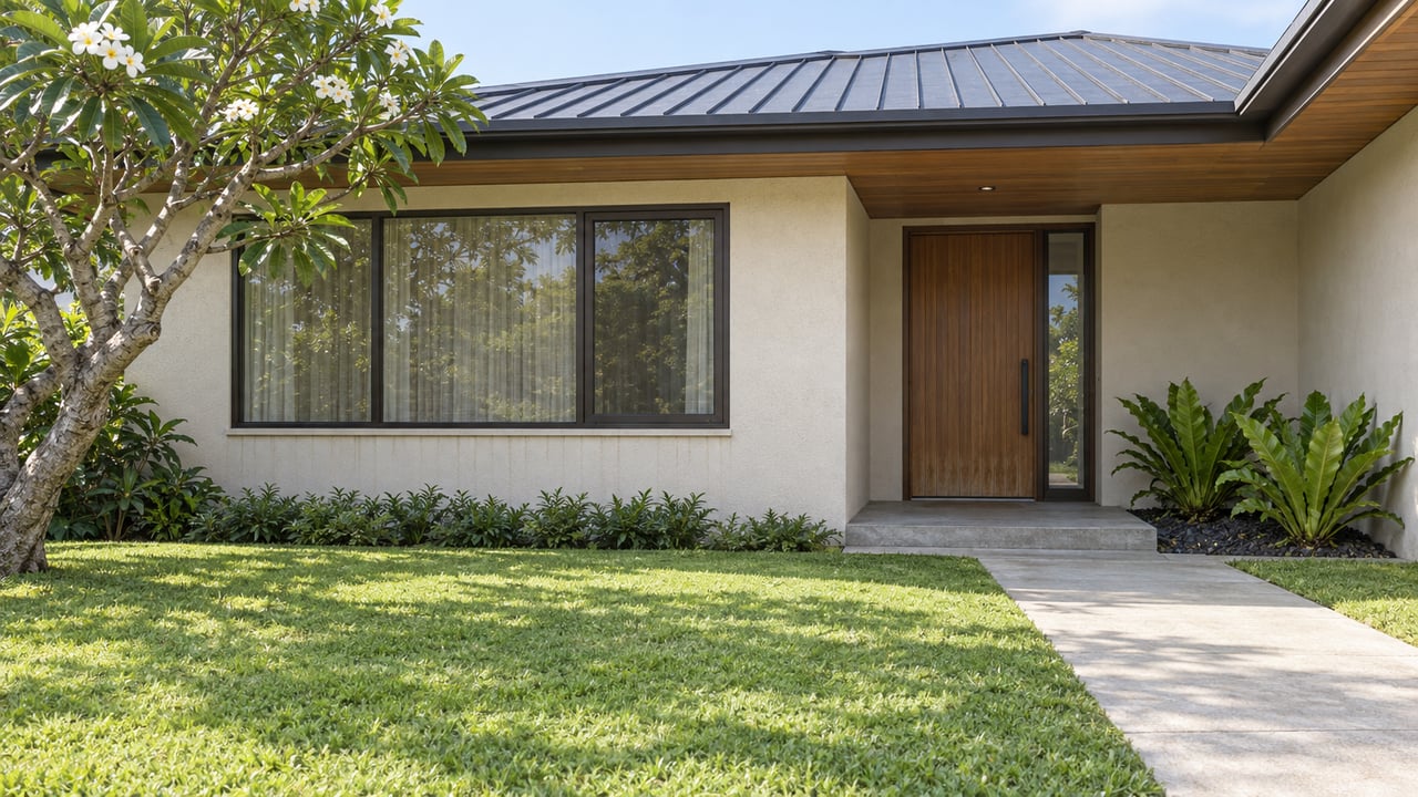 A cream-stucco single-story home with deep timber-lined eaves, a shaded wood entry, and a broad lawn beside a flowering plumeria tree.