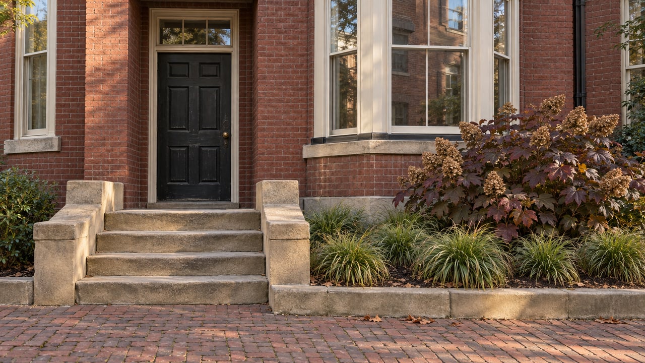 Oxblood brick rowhouse entrance with worn sandstone steps, cream bay windows, and autumn oakleaf hydrangea in a small planted forecourt.