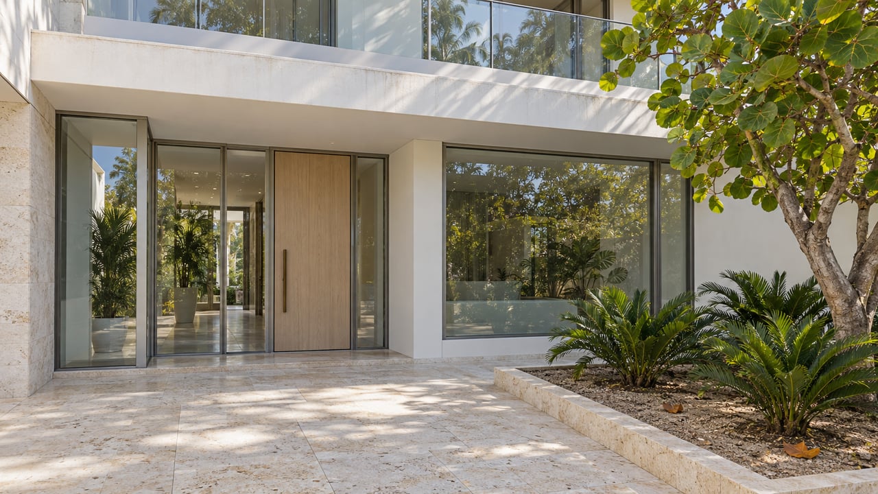 White contemporary home entry with glass balcony, pale stone terrace and a sea-grape tree in a raised planting bed.