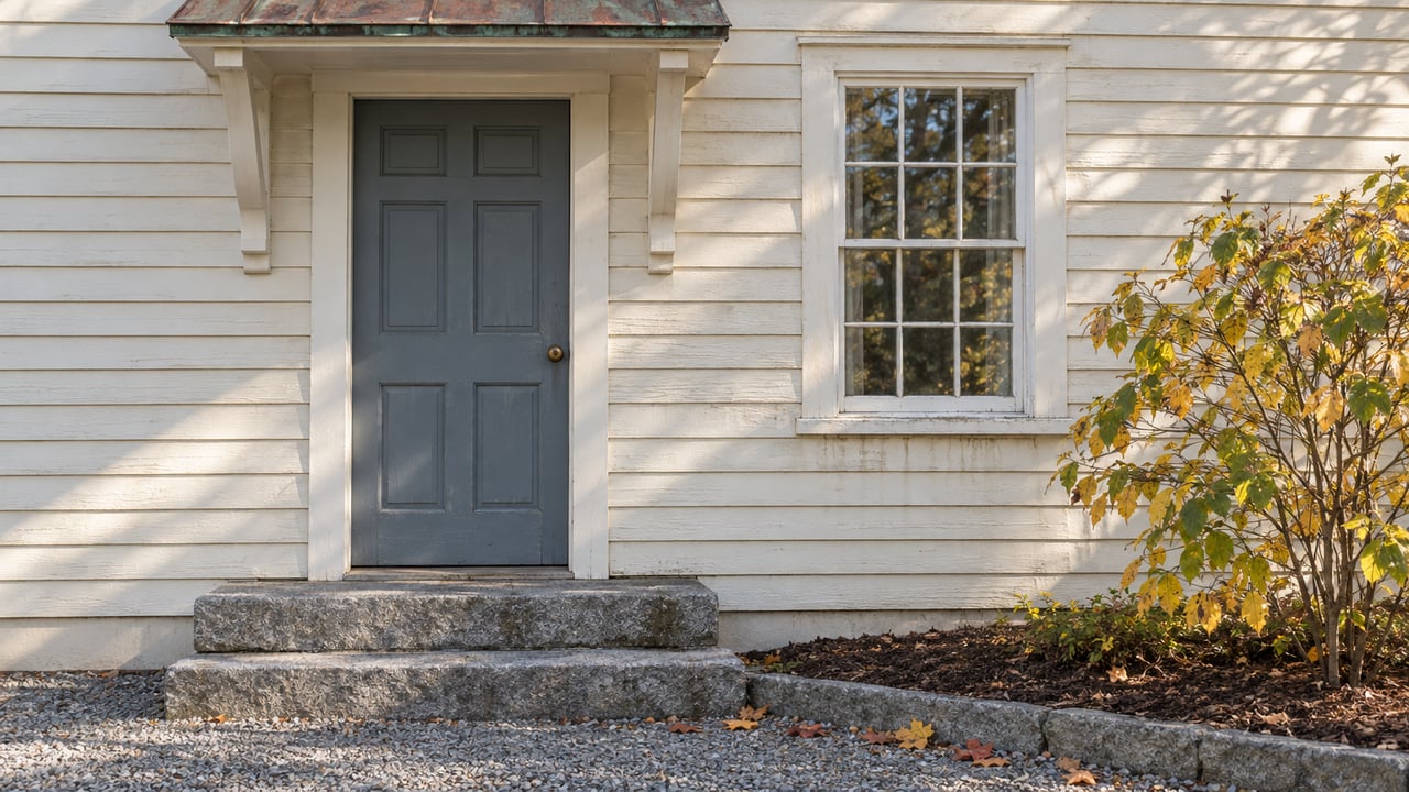 Weathered ivory clapboards and a blue-gray front door above granite steps, beside a sash window and yellowing witch-hazel.