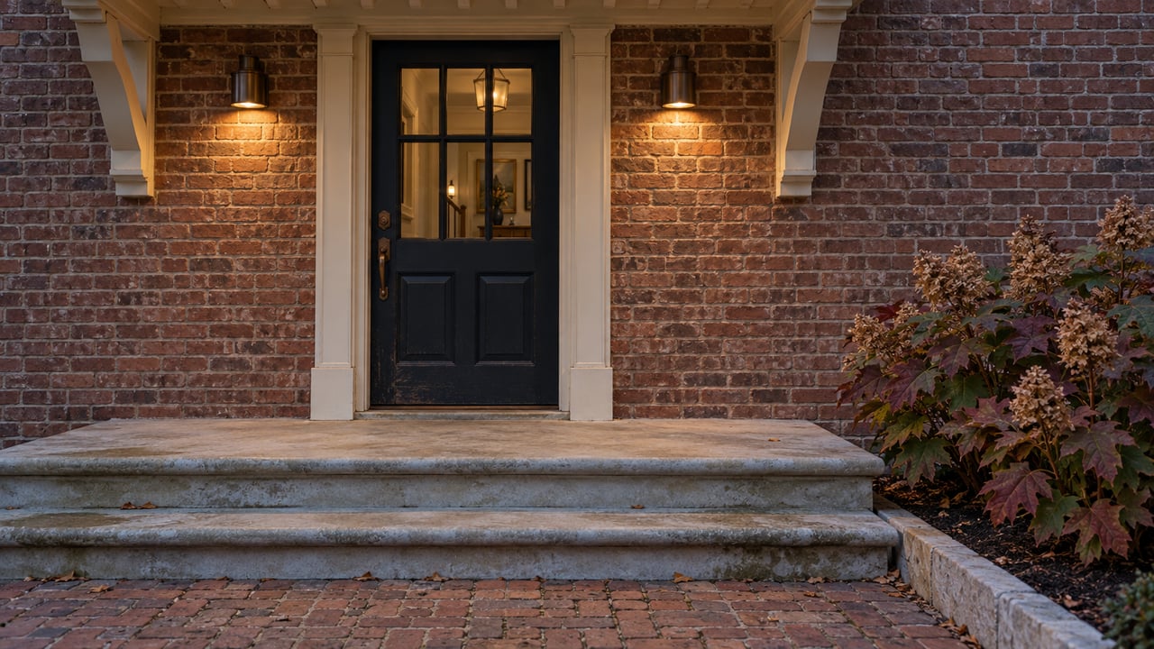 Warm porch lights illuminate a brick home's closed glazed door, limestone steps and burgundy oakleaf hydrangea at blue hour.