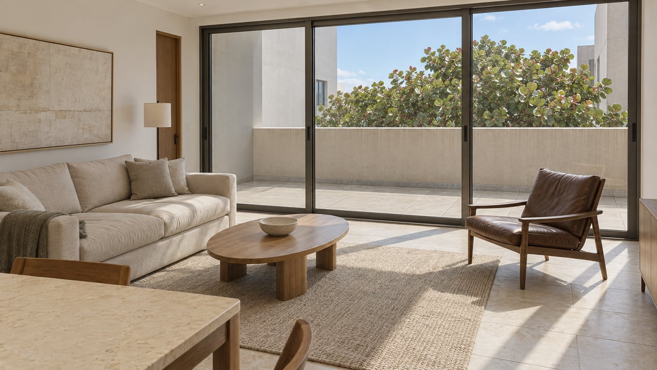 Bright condo living room with limestone flooring, linen seating and bronze-framed glass doors opening visually onto a sheltered terrace and sea grape canopy.