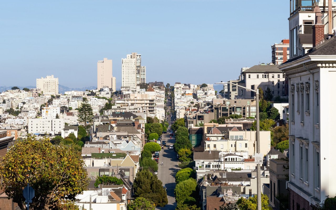 Pacific Heights rooftops and a tree-lined street viewed across the neighborhood.