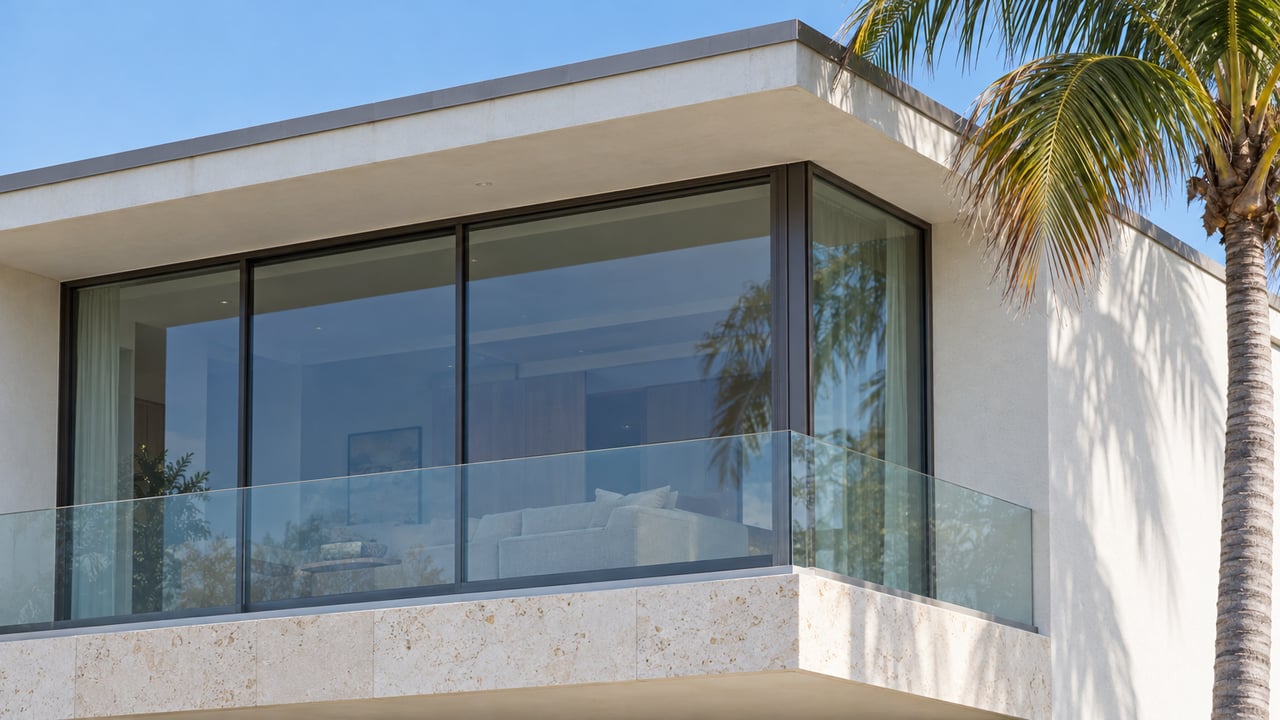 Sunlit white stucco home with a glazed upper-story balcony, pale limestone fascia and a mature coconut palm.