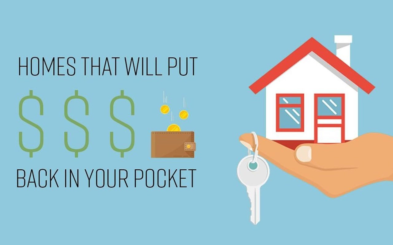 Homes that will put money back in your pocket, illustrated with a house, key, coins, and wallet.