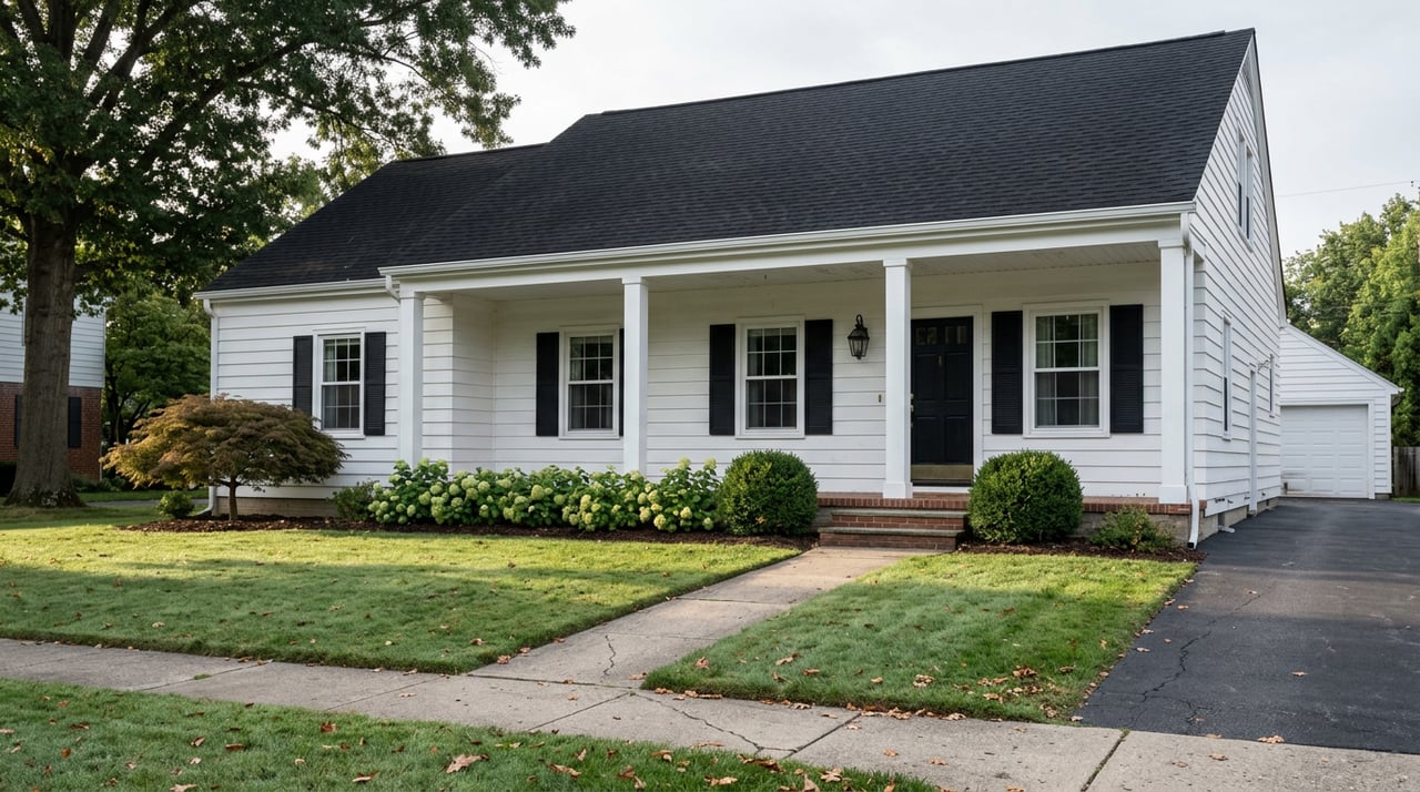 White clapboard Colonial home with black shutters, columned porch, diagonal walkway, and Japanese maple.