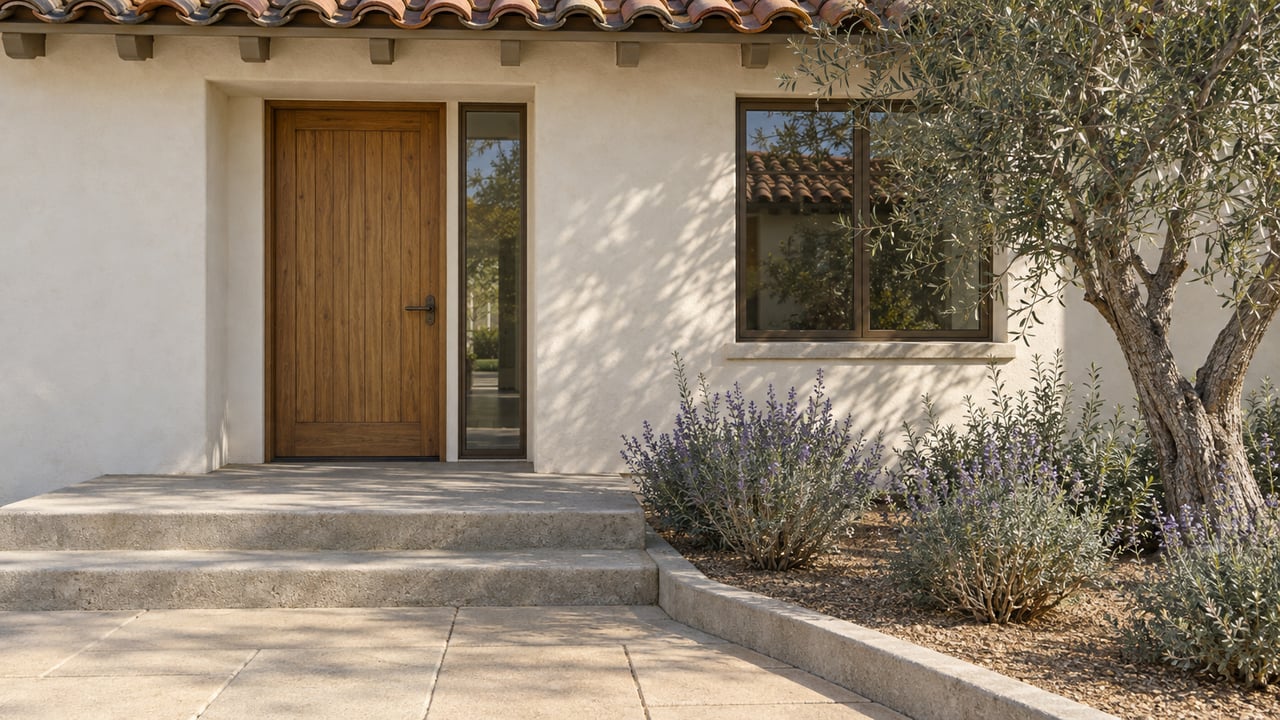 Warm stucco entry with an oak door, weathered clay roof tiles, concrete steps, and a sculptural olive tree.