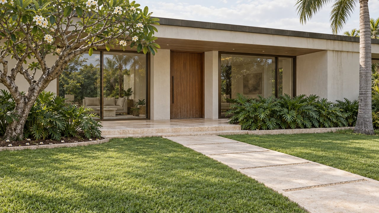 Low tropical-modern villa with bronze-framed glass, a teak entry, limestone terrace and a deep garden with a flowering frangipani and a specimen palm.