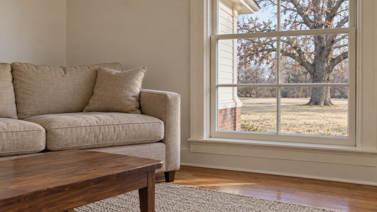 Soft afternoon light falls across a linen sofa, walnut table and oak floor beside a divided window overlooking a dormant lawn and mature oak.