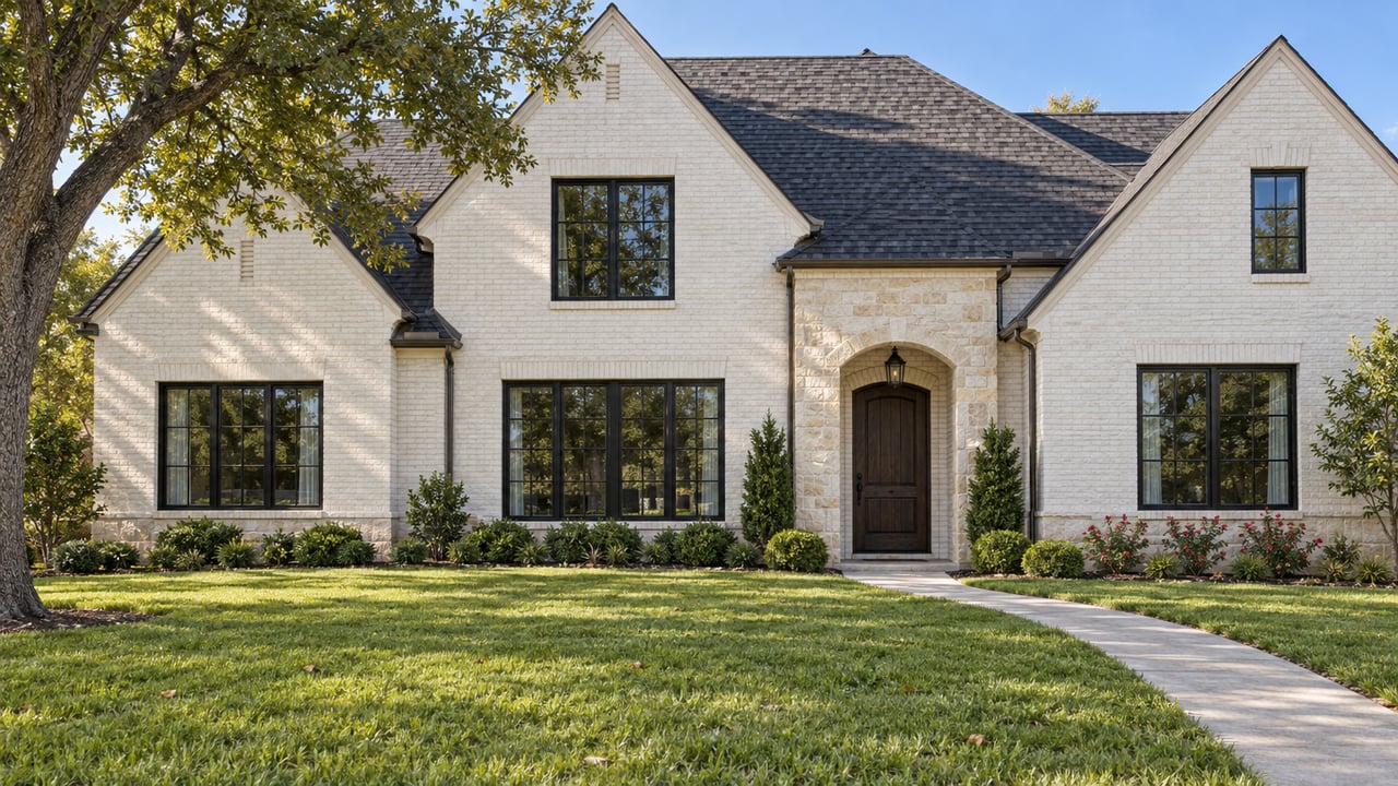 A spacious painted-brick home with limestone entry, black-framed windows, mature oak, and a deep green front lawn in morning light.