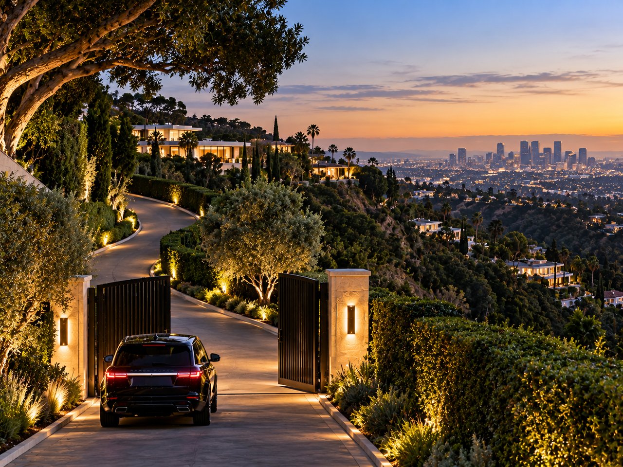 Gated hillside estate entrance with a winding driveway overlooking the Los Angeles skyline at dusk.