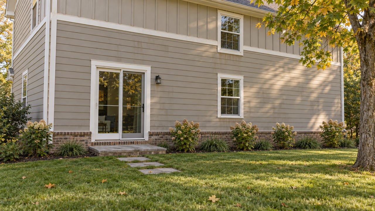 Two-story greige house above lawn, with stepping slabs, white-trimmed windows, and a tree at right.