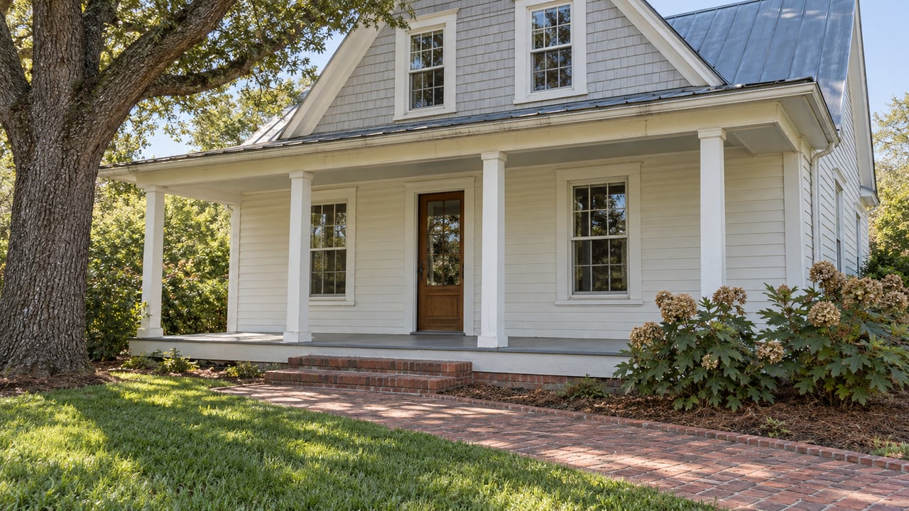 Ivory clapboard cottage with a cedar-shingled gable, metal roof and broad porch beyond a brick garden walk.